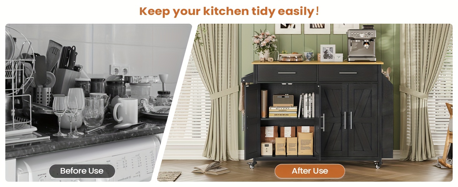 rolling kitchen island cart with folding drop leaf portable trolley island large storage cabinet shelf spice rack towel rack drawers black details 3