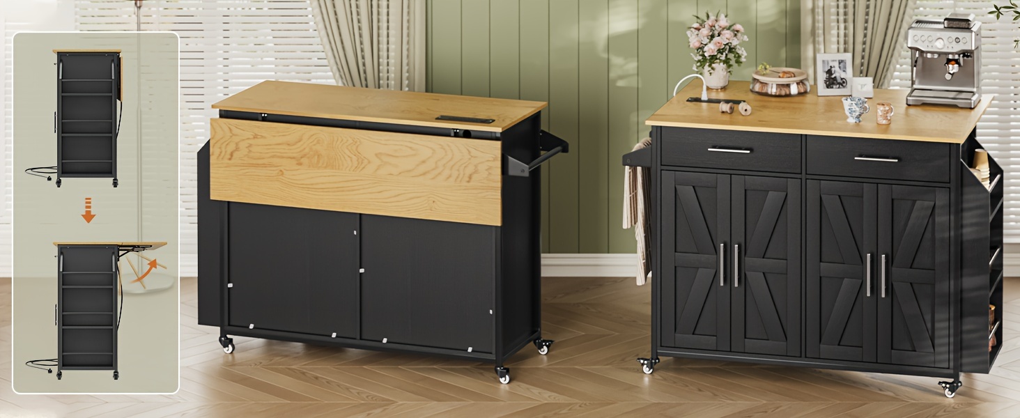 rolling kitchen island cart with folding drop leaf portable trolley island large storage cabinet shelf spice rack towel rack drawers black details 4