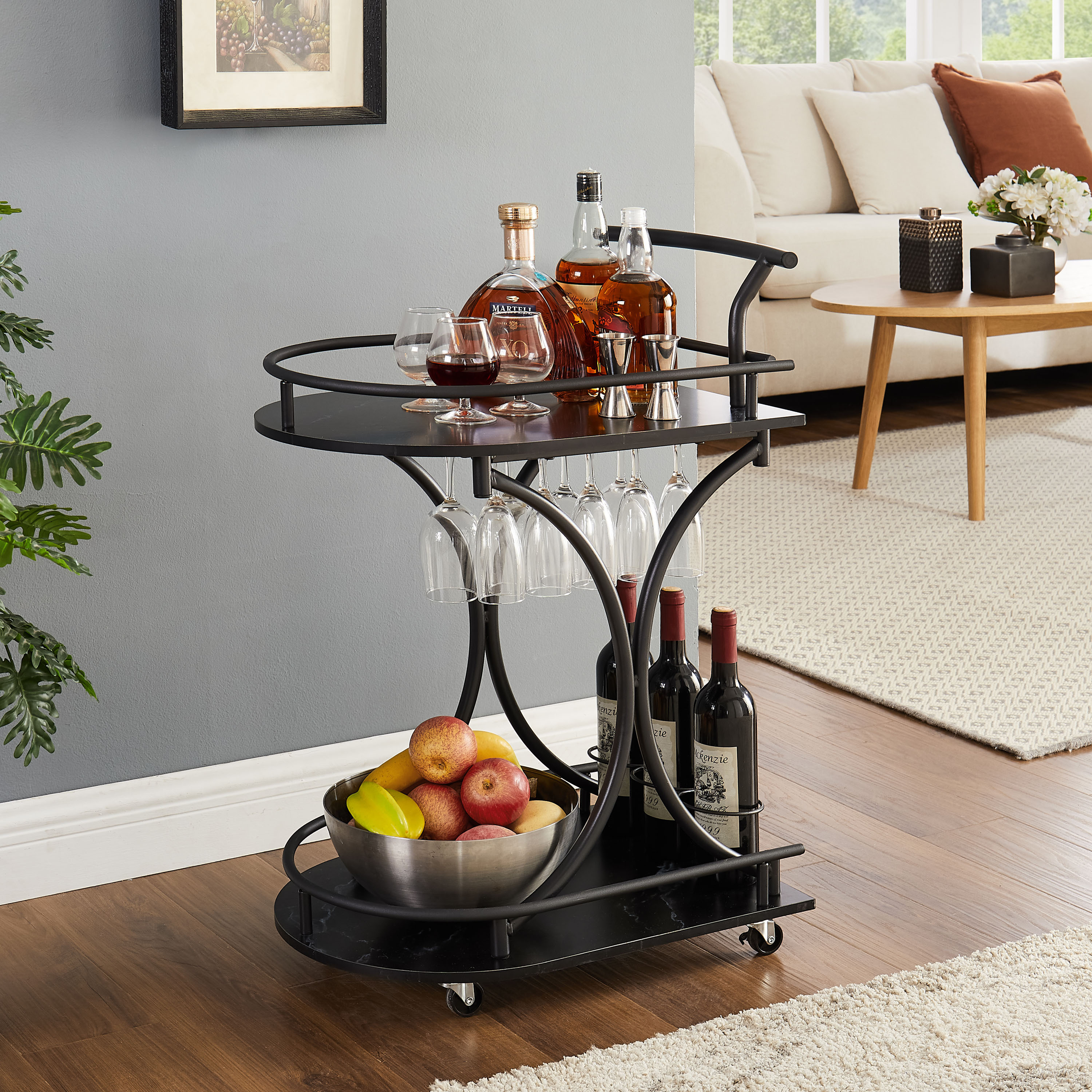 black 2 tier rolling kitchen cart industrial style mobile rolling wine cart for kitchen beverage bar cart with wine rack and glass holder movable drink trolley for living room dinning room details 0