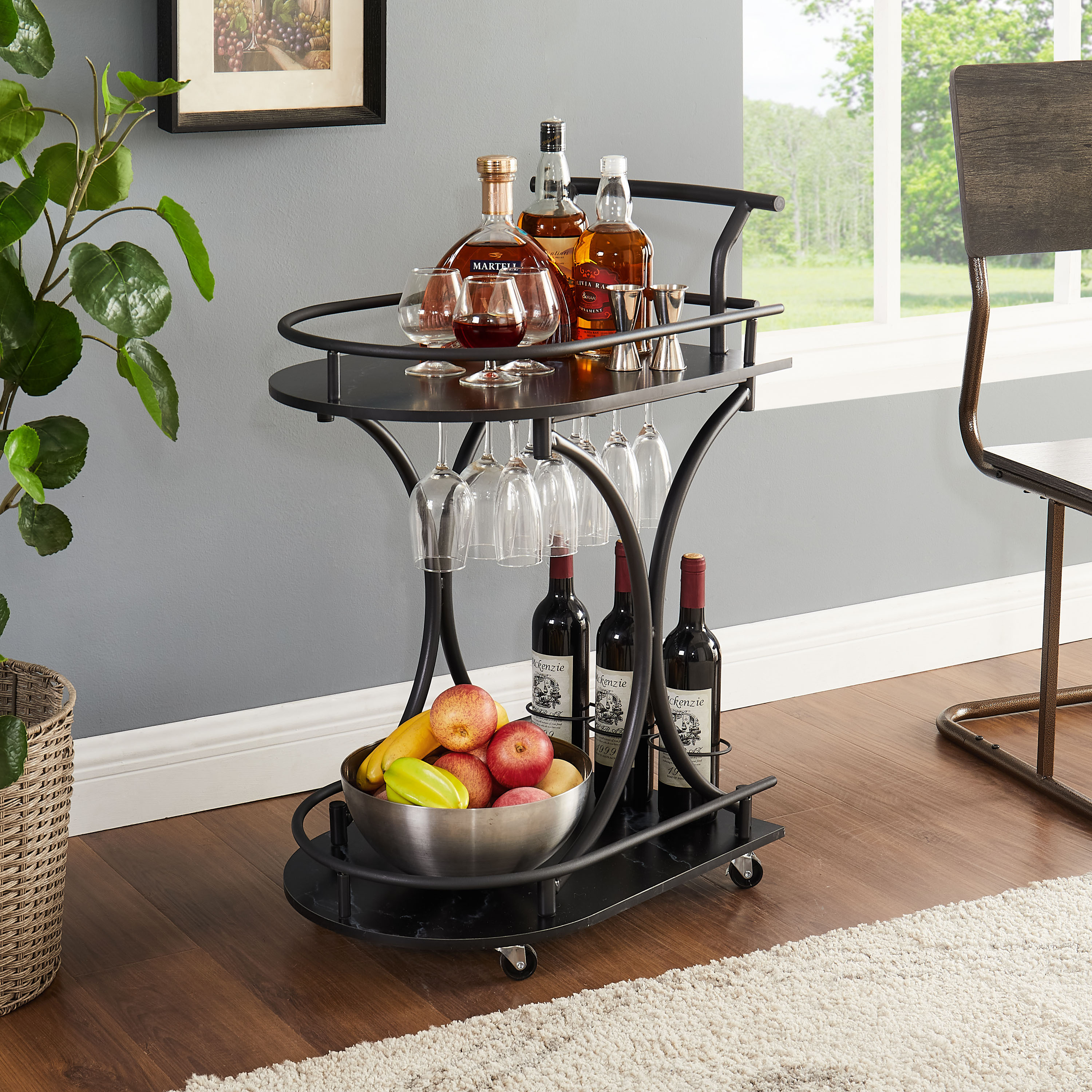 black 2 tier rolling kitchen cart industrial style mobile rolling wine cart for kitchen beverage bar cart with wine rack and glass holder movable drink trolley for living room dinning room details 1