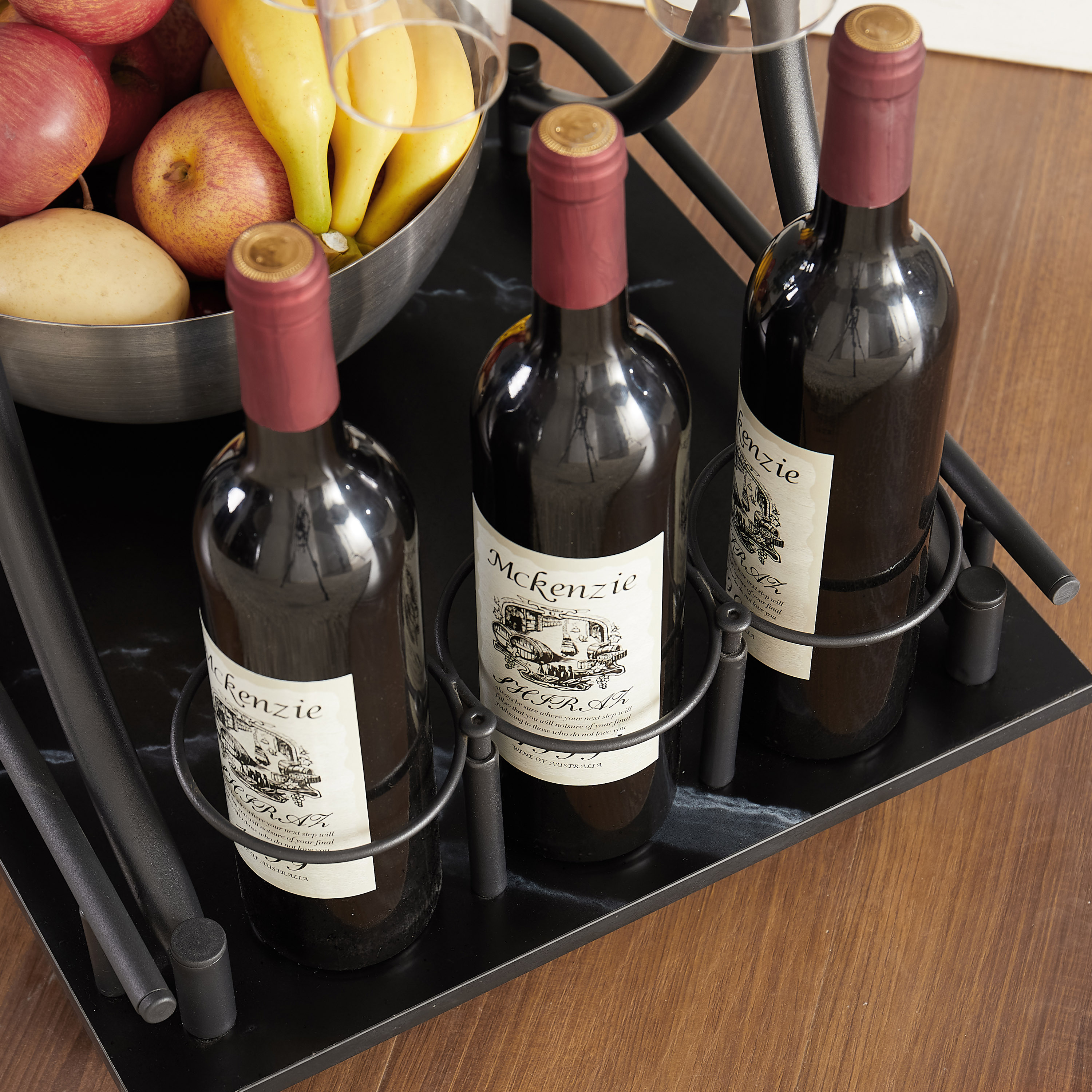 black 2 tier rolling kitchen cart industrial style mobile rolling wine cart for kitchen beverage bar cart with wine rack and glass holder movable drink trolley for living room dinning room details 5